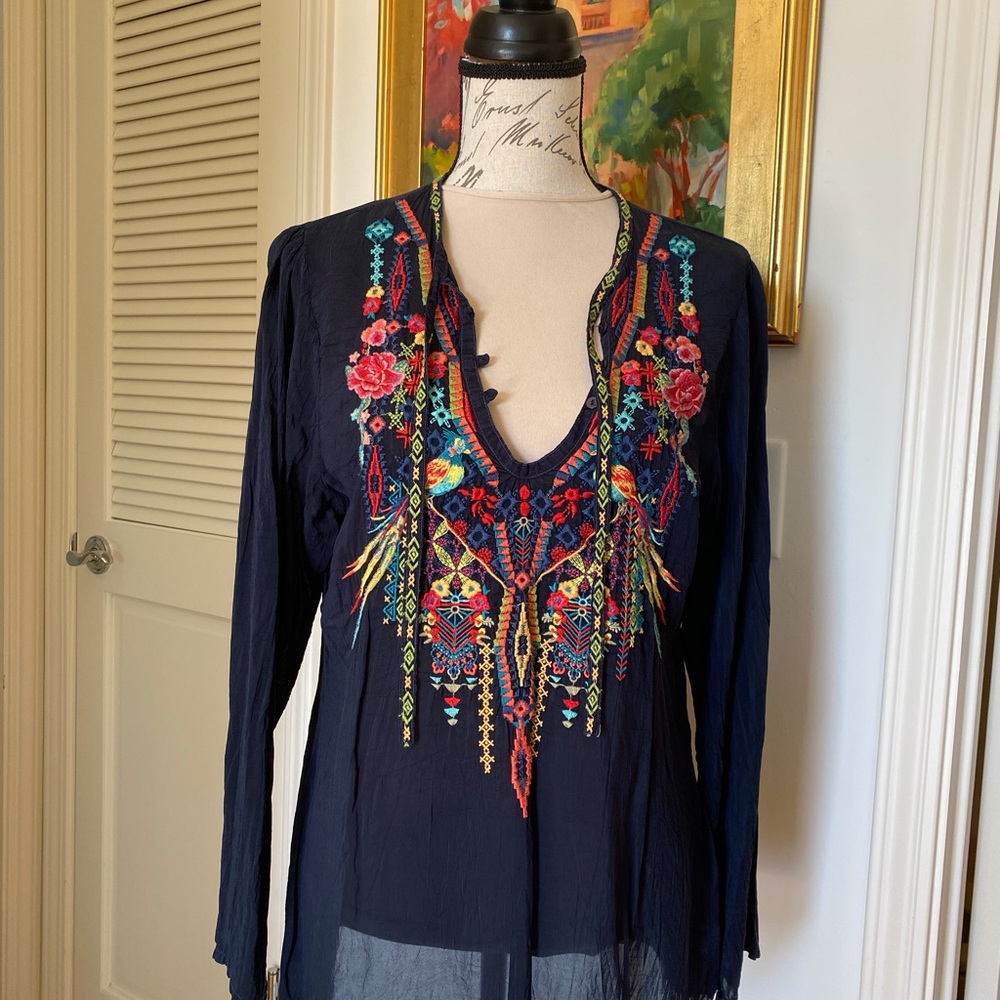 Midnight Blue Long Sleeve Embroidered Blouse